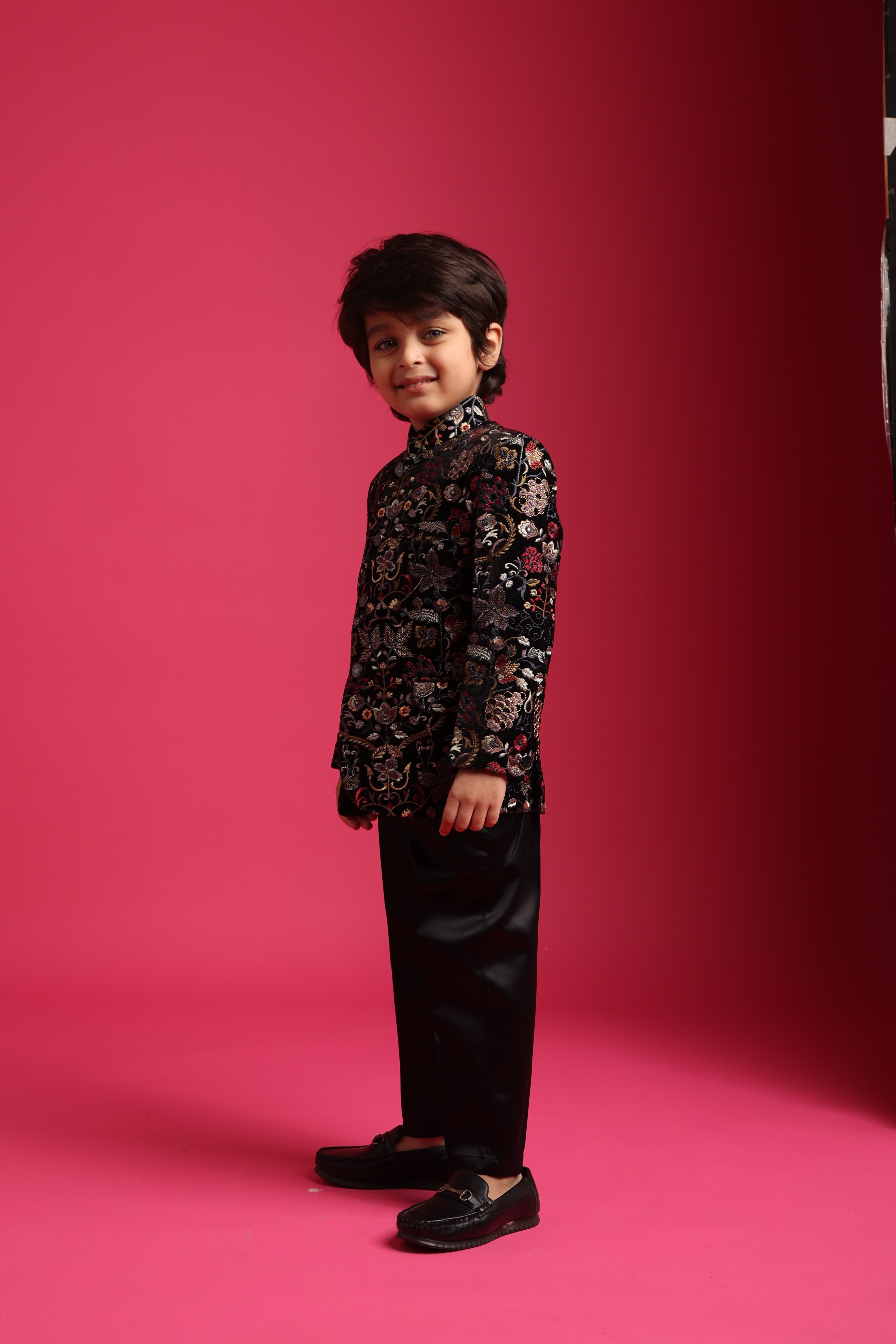 Boys Black Embroidered Velvet Bandhgala Set