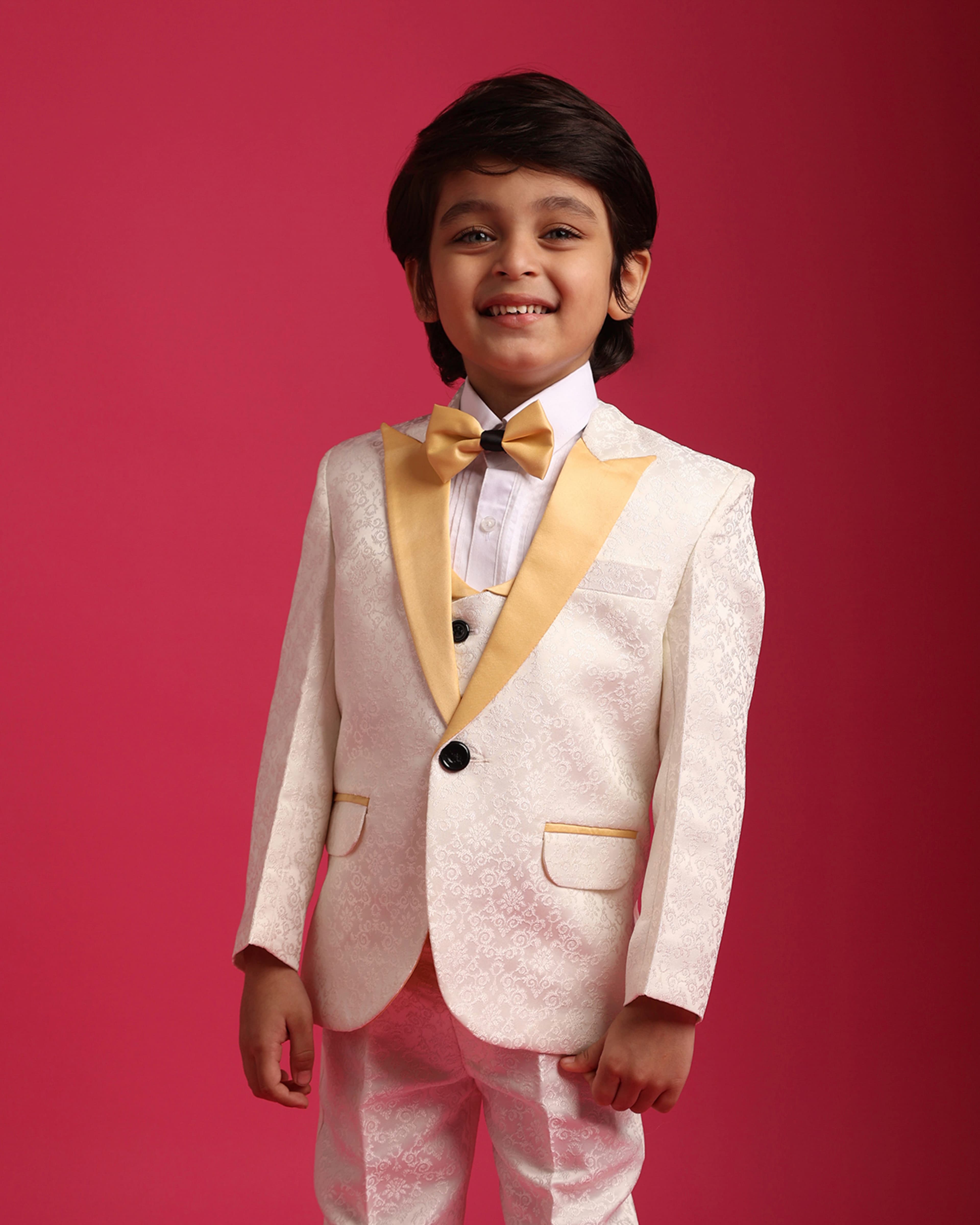 ChicChums Tuxedo Suit with Blazer, Shirt, Waistcoat, Pant White & Golden Colour