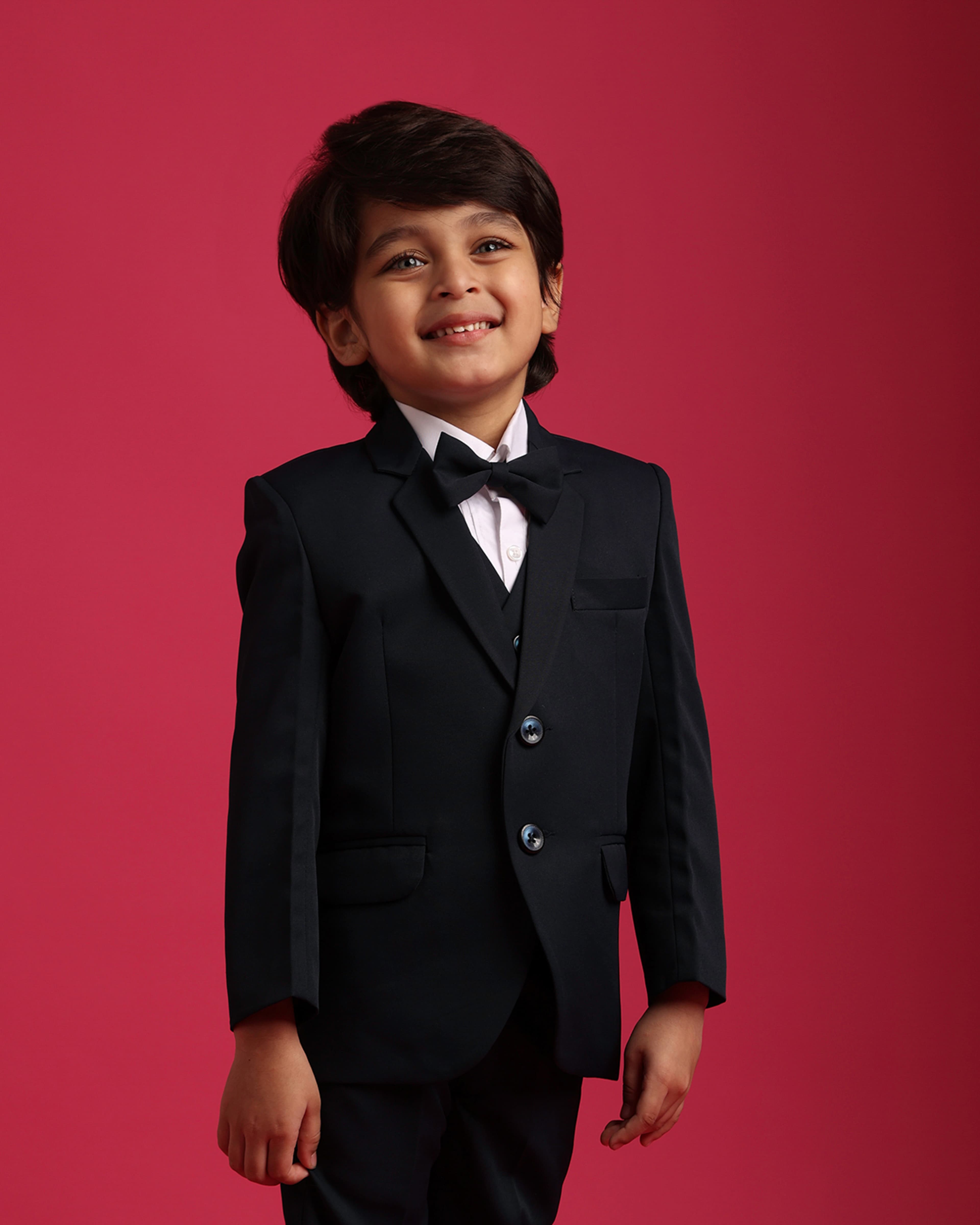 ChicChums Tuxedo Suit with Blazer, Shirt, Waistcoat, Pant Navy Blue Color